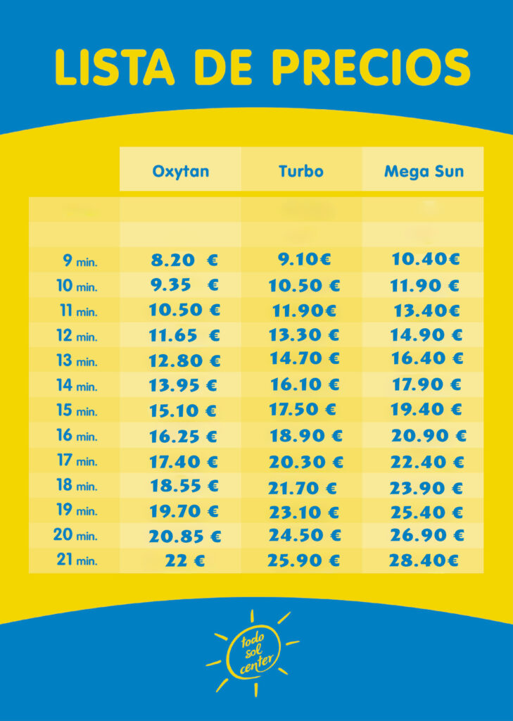 Precios 2025 Rayos UVA TodoSol Center